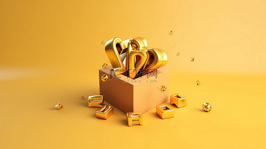 金色主题礼盒以创意 3D 渲染发布新年快乐文字