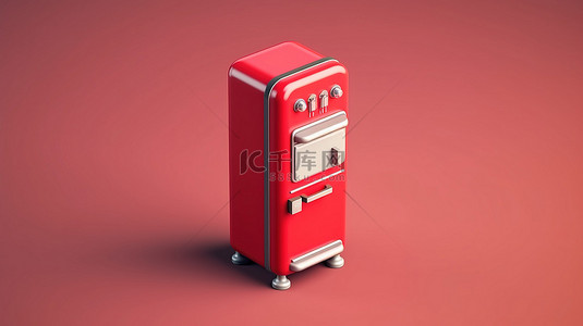红色等距视图中的老式单色冰箱
