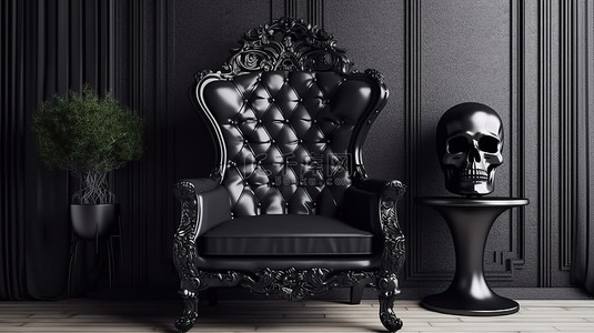 骷髅南瓜背景图片_别致的万圣节装饰现代室内装饰，椅子上有时尚的黑色骷髅 3D 渲染