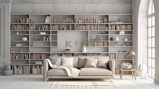 舒适放松背景图片_舒适的阅读和放松空间客厅图书馆 3D 渲染