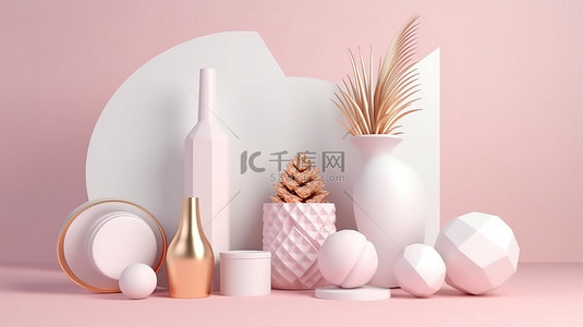 白色背景上金色和粉色的现代几何设计，非常适合促销和产品展示 3d 渲染图像