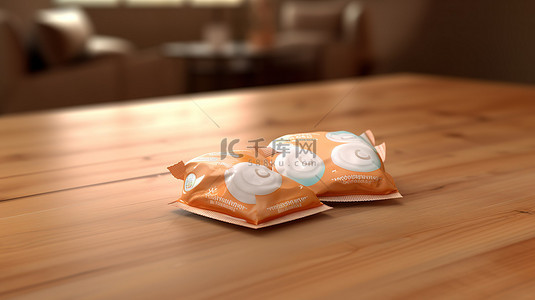木桌旁边的奶嘴的 3D 渲染，配有婴儿湿巾包