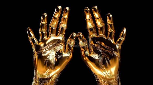 闪闪发光的金属手，金色手势隔离在黑色背景与 3D 渲染