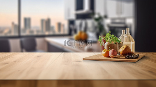 木桌上的空表面，用于照片蒙太奇，具有模糊的当代厨房空间 3D 渲染
