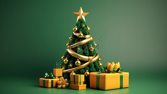 花花卡通背景图片_节日松树，带丝带装饰动画圣诞树，用于贺卡和横幅，具有令人惊叹的 3D 渲染效果