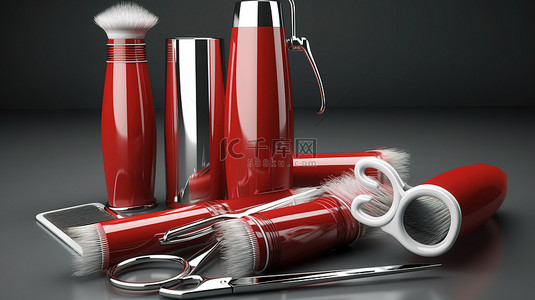 男士剃须刀背景图片_概念 3D 理发师工具集渲染插图