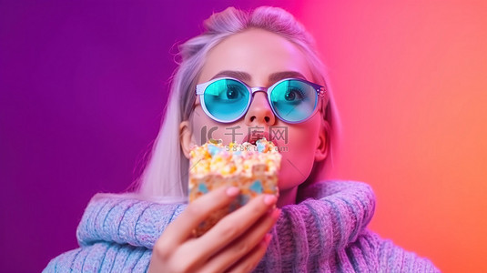 戴着 3D 眼镜的女士惊讶地一边吃爆米花一边欣赏精彩的电影