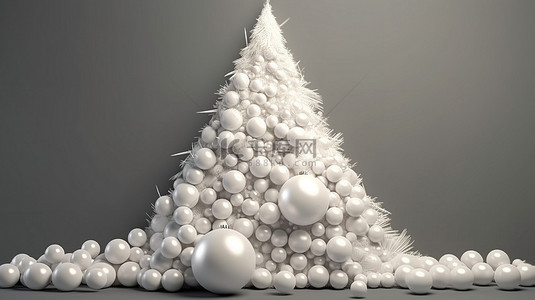 松枝圣诞球背景图片_圣诞快乐树墙背景与 3D 渲染中的白色球体珍珠