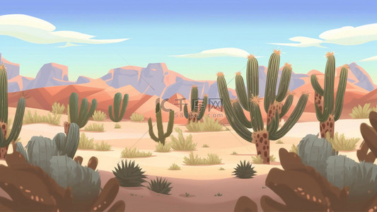 沙漠植物卡通背景图片_沙漠植物花草云