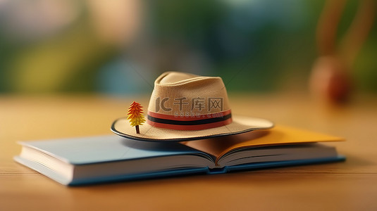突出的背景图片_回到学校 3d 帽子放在一本书上，背景模糊，这是一个突出的教育概念