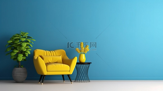 蓝色油漆墙背景图片_时尚而现代的休息室，配有蓝色油漆墙和充满活力的 3D 黄色椅子