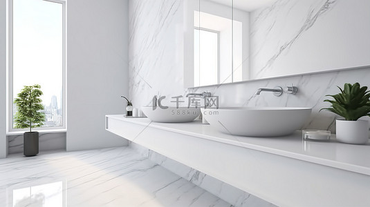 白色大理石台面背景图片_简约的白色大理石浴室台面与现代白色背景 3D 渲染