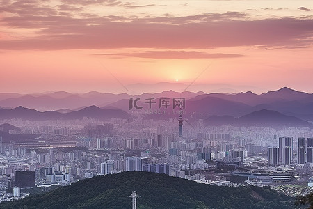 韩国首尔日落全景拍摄