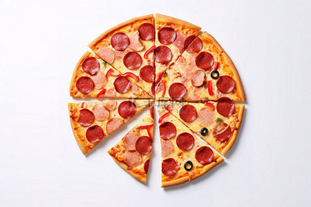 白色背景上的小片披萨，上面有意大利辣香肠