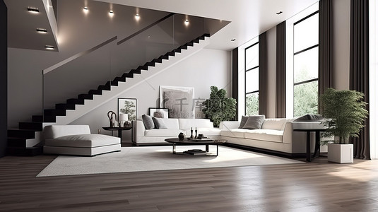 墙壁沙发背景图片_计算机生成的 3D 渲染宽敞的现代客厅，配有楼梯和明亮的内饰