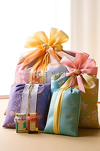 带有彩色面料和刺绣图案的礼品篮和礼品包装