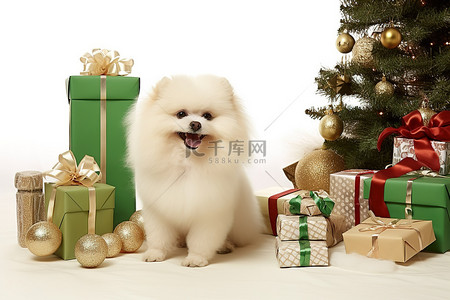 狗帽子背景图片_狗站在圣诞礼物和包装纸前