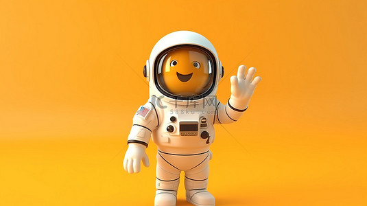 友好的卡通宇航员在 3D 充满活力的黄色背景下向您致意