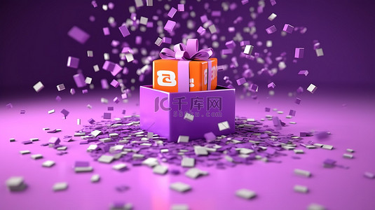 风扇商城背景图片_3d 礼品盒打开，漂浮在紫色背景 3d 渲染上的“销售”