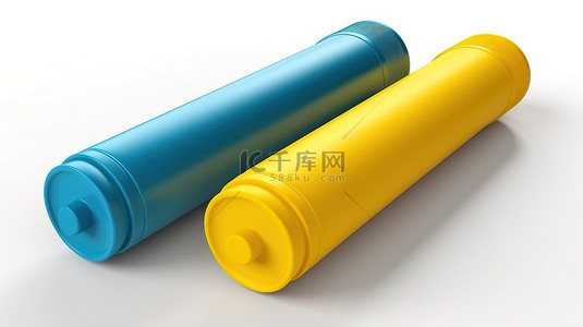 带有黄色和蓝色两个胶棒的孤立白色背景的 3d 插图