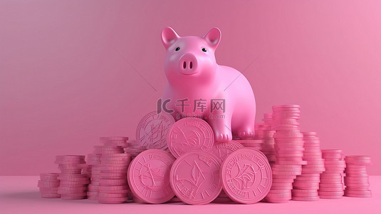 粉红色小猪数字货币 3d 渲染的比特币堆栈