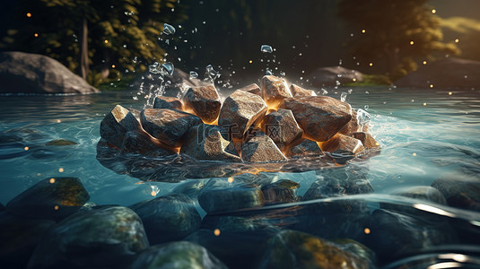 漂流背景背景图片_3d 插图石头在支离破碎的水流中漂流