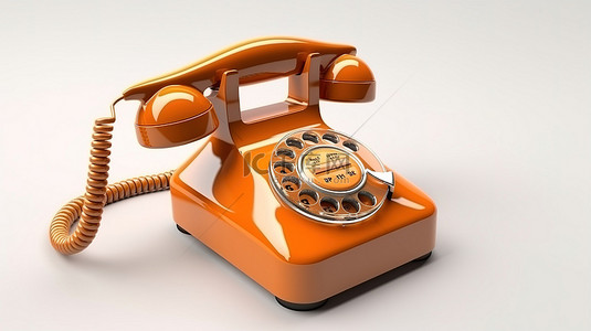 充满活力的橙色色调的白色背景老式旋转电话的 3D 渲染