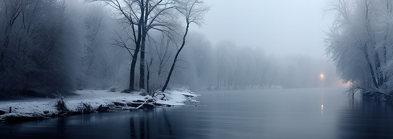 一条雾气弥漫的河流，附近有树木