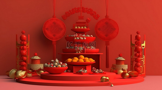 3d 讲台上的中国新年装饰品