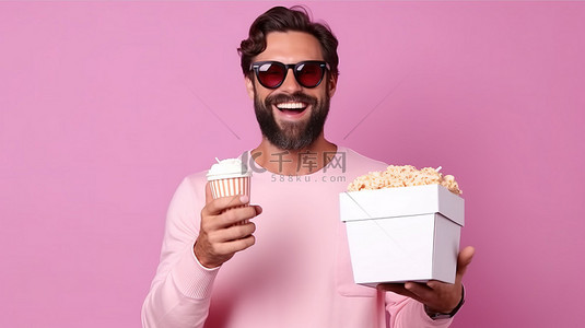戴着 3D 眼镜的快乐家伙拿着爆米花和粉红色背景的 ok 标志