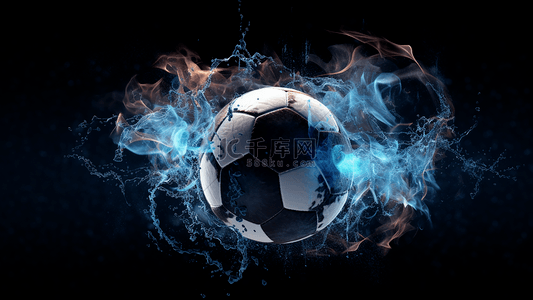 火焰足球背景图片_蓝色烟雾火焰足球特写广告背景