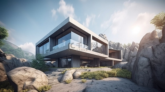 山上的现代别墅是 3D 渲染的建筑杰作，具有令人惊叹的外部和室内设计