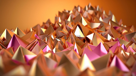 当代杰作抽象壁纸，带有波浪棕色粉色和金色金属三角形 3D