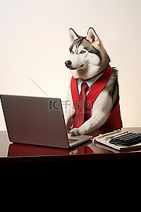 红雪橇背景图片_戴红领带的哈士奇狗坐在笔记本电脑旁边