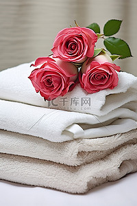 毛巾花背景图片_一叠毛巾，上面并排放着红玫瑰
