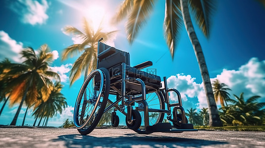 空荡荡的城市街道上棕榈树背景下空轮椅的极端特写 3D 渲染