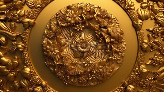 金色背景上 3D 渲染的镀金古代中国文物
