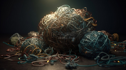 复杂的交织字符串网络，象征着混乱和精神超载 3D 渲染