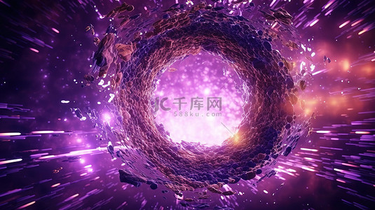 可视化水球背景图片_数字网络连接和网络空间结构紫色抽象背景下圆形粒子流的 3D 渲染