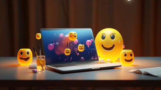 互联网符号背景图片_虚拟工作站 3D 笔记本电脑和带有表情符号的聊天气泡，实现在家中高效工作的体验