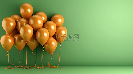 充满活力的绿色气球花束反对明亮的橙色墙壁水平横幅 3D 插图渲染