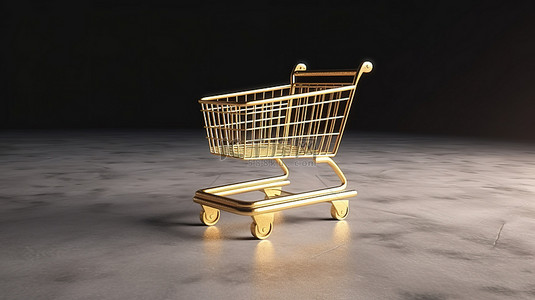 店铺介绍背景图片_在 3D 渲染中展示金色购物车的混凝土讲台