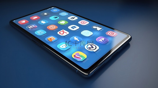 蓝色背景上的社交媒体图标，锁定的手机旁边带有 3D 渲染的移动应用程序按钮