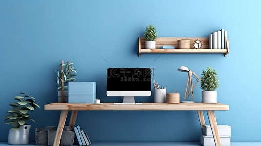当代工作空间中木桌上的别致蓝色墙壁和台式电脑的 3D 渲染