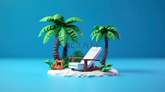 蓝色背景 3D 渲染假期概念与低聚岛屿棕榈树和躺椅
