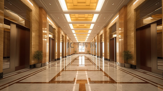 豪华酒店电梯厅配有金属装饰和棕色大理石，配有宏伟的柱子和照明天花板 3D 渲染