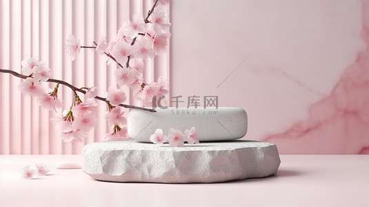 樱花插图背景图片_白色背景下日本石讲台和樱花化妆品的 3D 插图