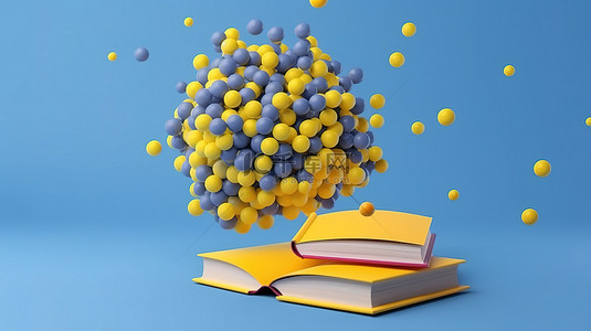 蓝色背景上简约风格 3D 渲染的浮动毕业帽黄色球和书籍