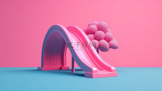 蓝色背景户外粉色儿童滑梯的双色调风格 3D 渲染