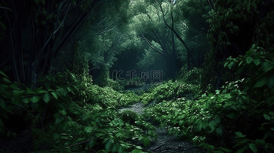 怪异的阴影森林与充满活力的绿色植物 3D 渲染